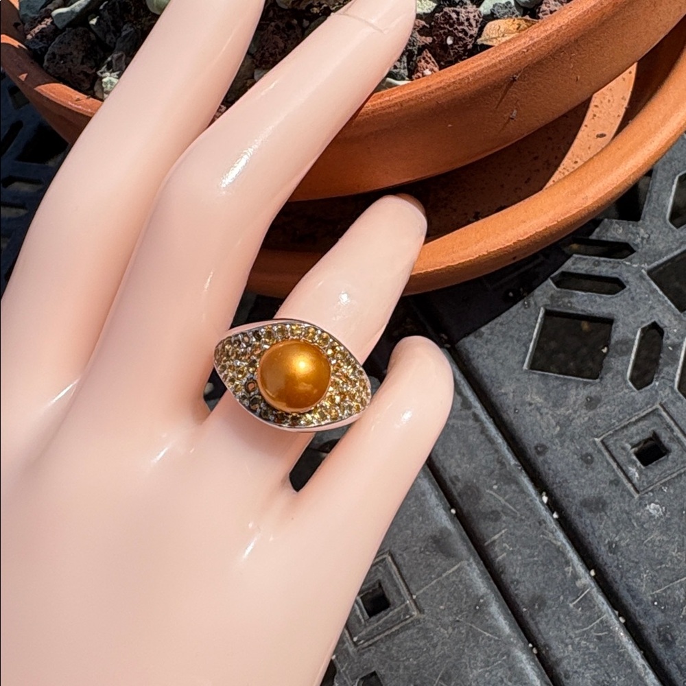 Honora Golden Pearl 9.5mm & Citrine Sterling Silver Statement Ring Size 8